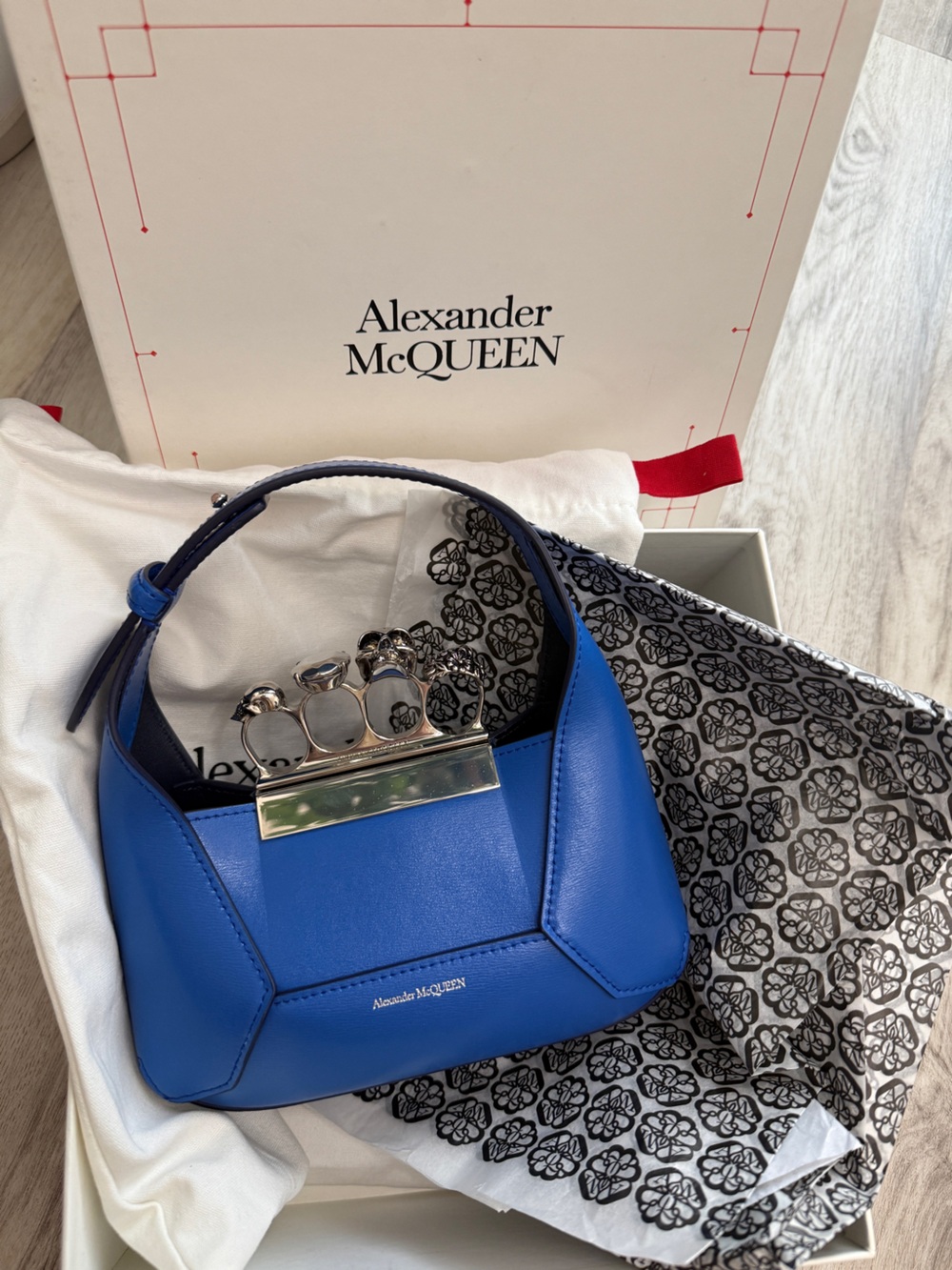 Alexander McQueen Blue Jewelled Satchel Skull Knuckle Clutch NWT and COA